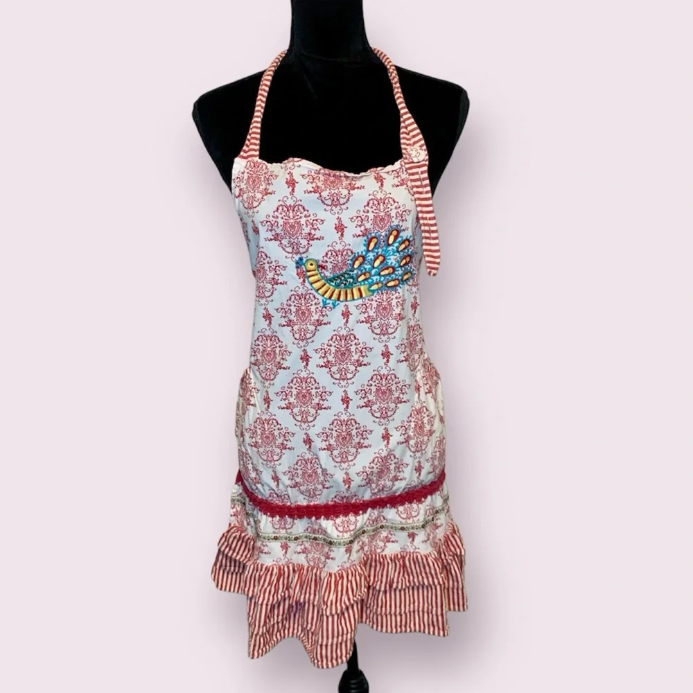 Sur La Table Peacock Embroidered Apron Red & White